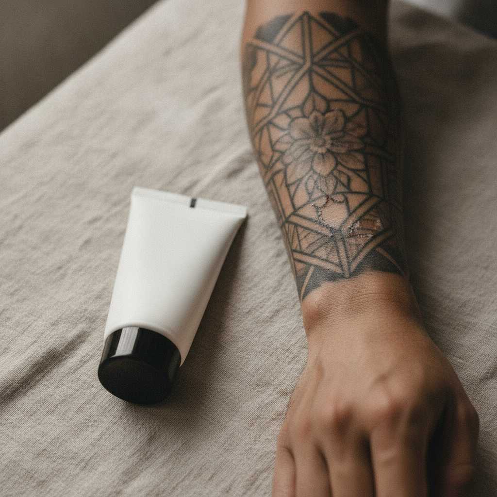 Fragrance-free lotion on a healing forearm tattoo showing early peeling