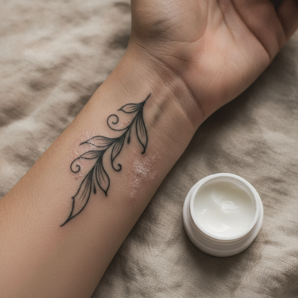 Close-up of a healing fine-line black tattoo on sensitive wrist skin with an unscented balm beside it
