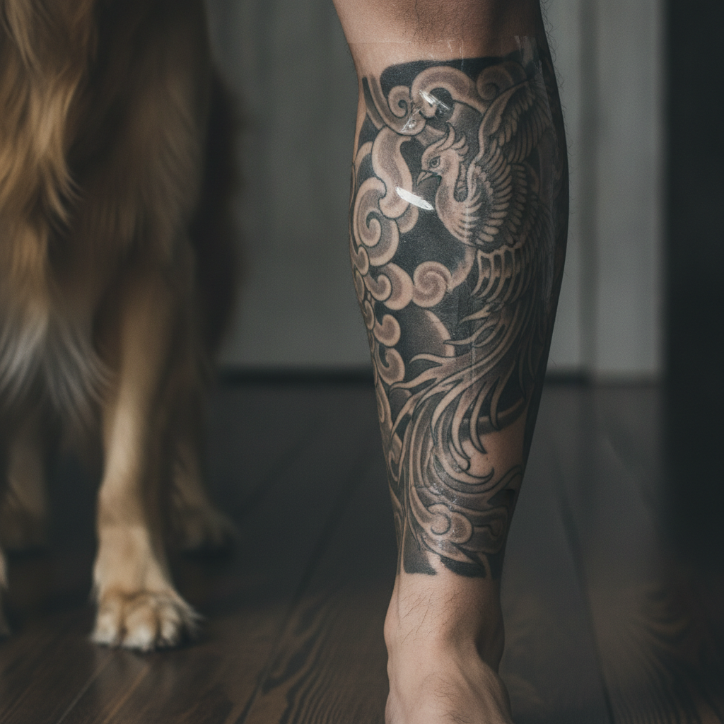 Pan-Asian man's calf tattoo covered with transparent adhesive film while a dog's paw is visible on the floor nearby