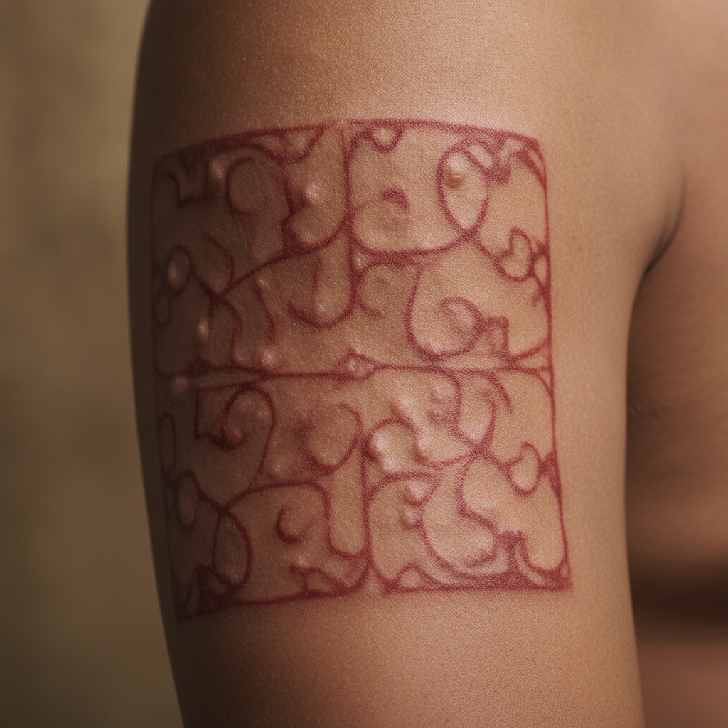 Close-up of a healing tattoo on a forearm showing raised red ink lines from an allergic reaction
