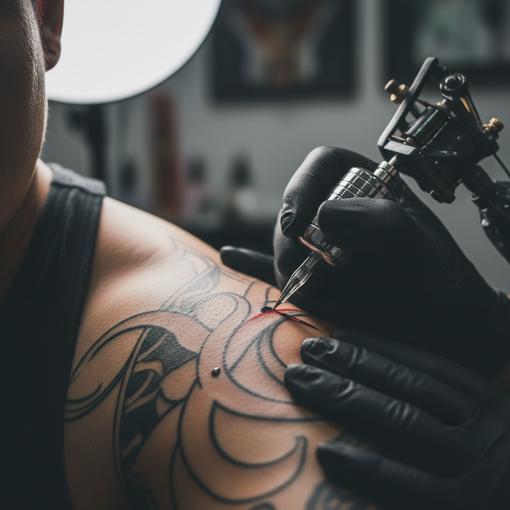 Macro close-up of a tattoo session on an upper arm with a single-needle liner, showing controlled needle depth and stretched skin