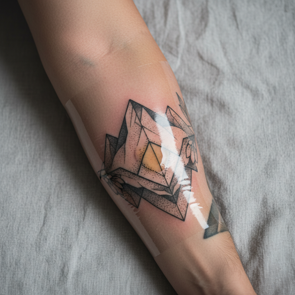 Close-up of a forearm tattoo under transparent second skin with a small pocket of plasma fluid bubbled underneath