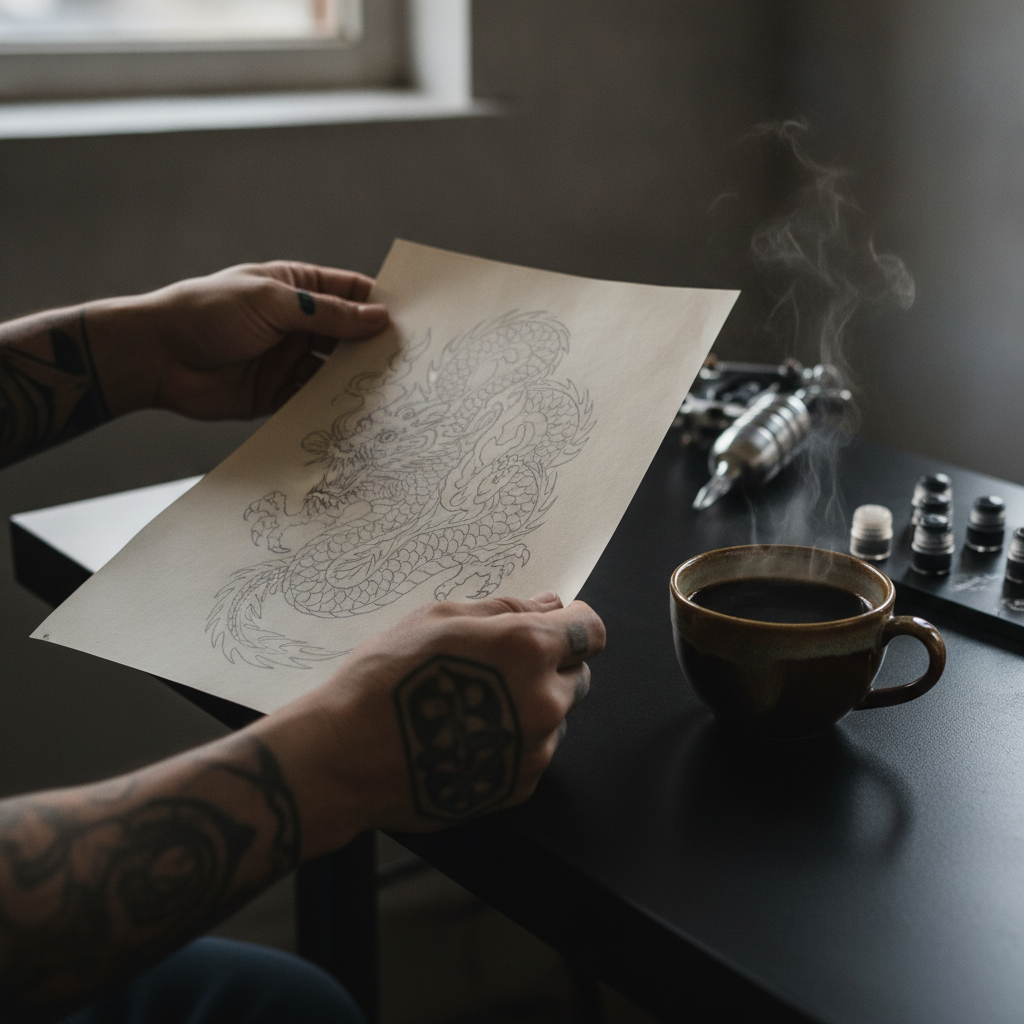 Tattoo artist reviewing a printed design sketch with a client during a studio consultation
