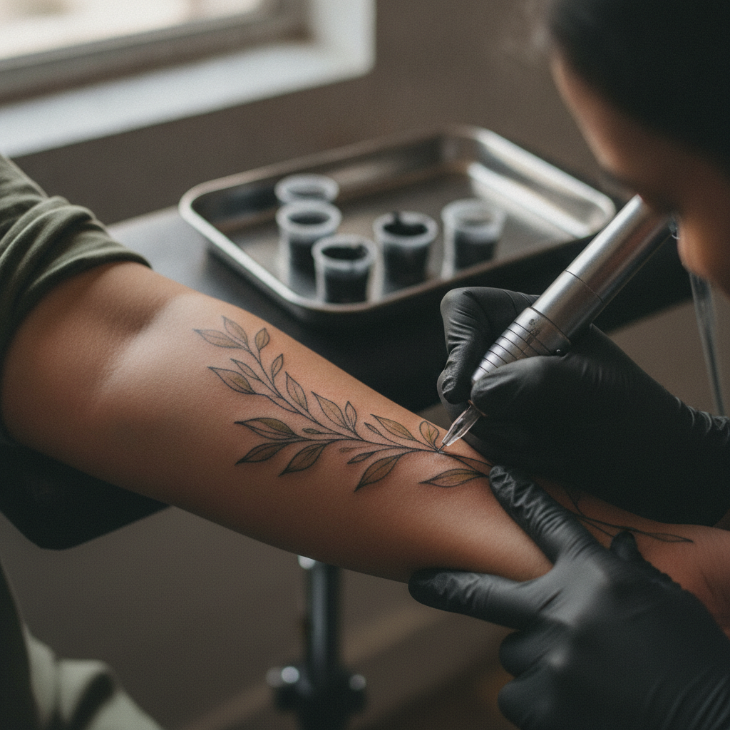 Fine-line forearm tattoo in progress with the artist's gloved hand and machine visible