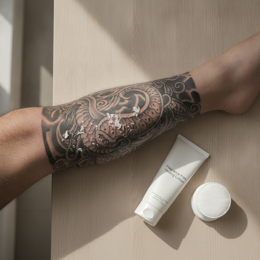 Healing black-and-grey tattoo on a forearm at day seven with fragrance-free healing lotion beside it