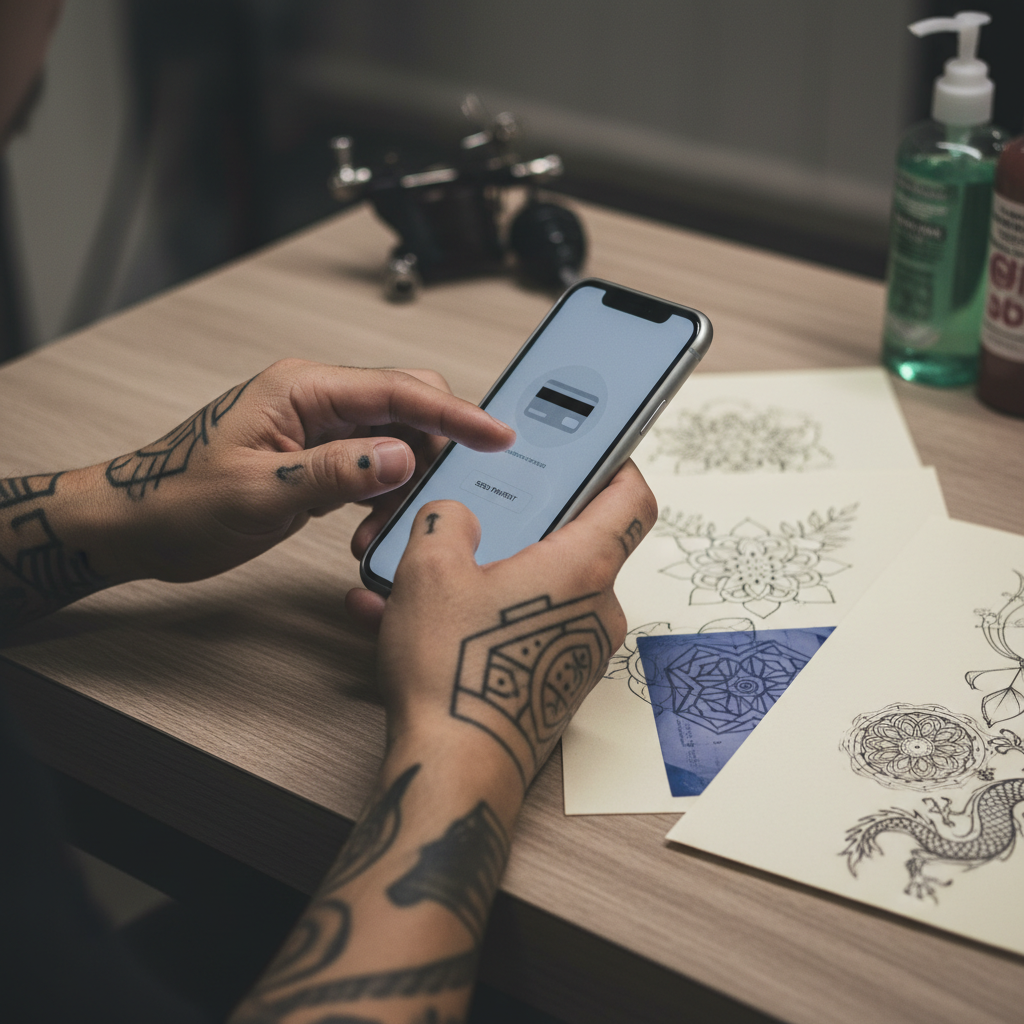 A client tapping a phone to pay a tattoo deposit at a studio counter