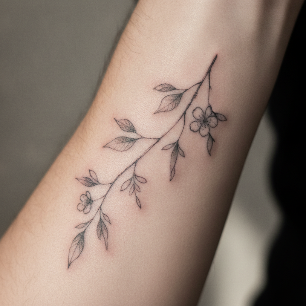 Close-up of a five-year-old fine-line botanical tattoo showing softened line edges and slight fading on Caucasian forearm skin