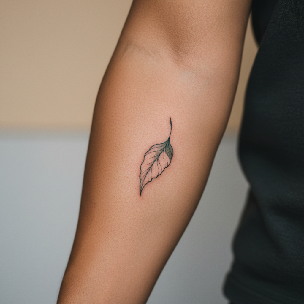 Close-up of a small fine-line botanical tattoo on a forearm, the kind of design that often hits the shop minimum