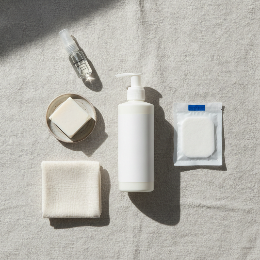 Flatlay of fragrance-free tattoo aftercare essentials on a linen surface