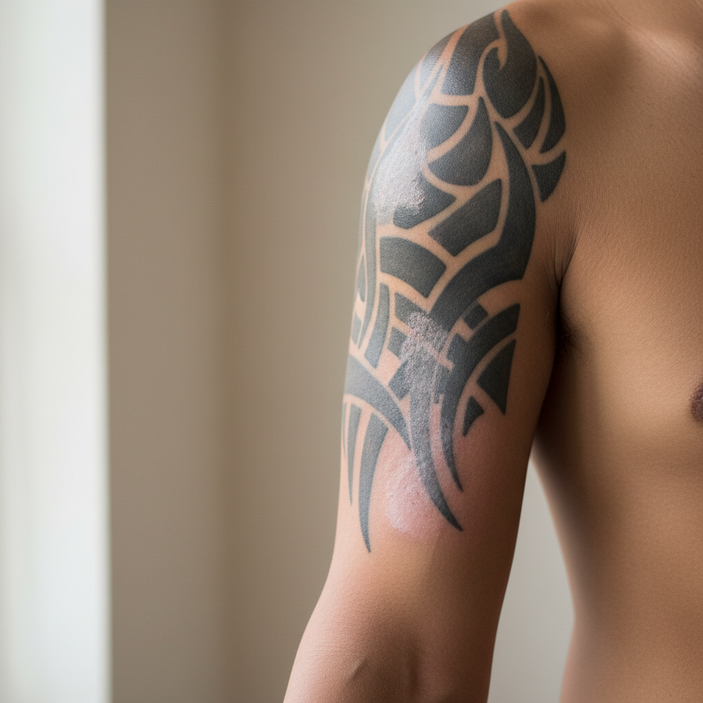 Close-up of a partially faded black tribal tattoo on a man's upper arm midway through laser removal sessions