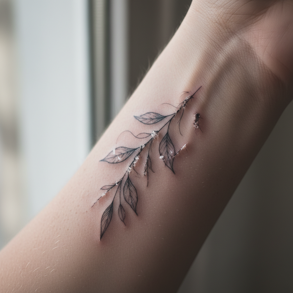 Close-up of a healing tattoo on a Caucasian woman's forearm showing thin dark scabs lifting in flakes during week two of healing