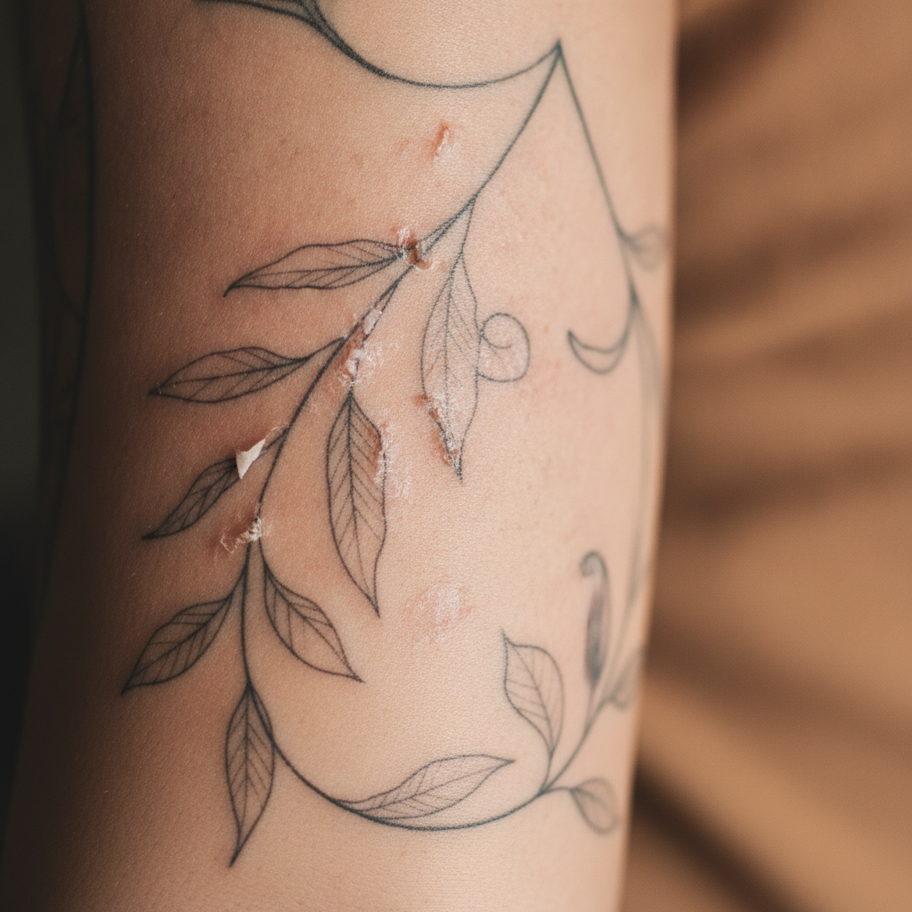 Close-up of a peeling healing tattoo showing early scab formation and light flaking on brown skin