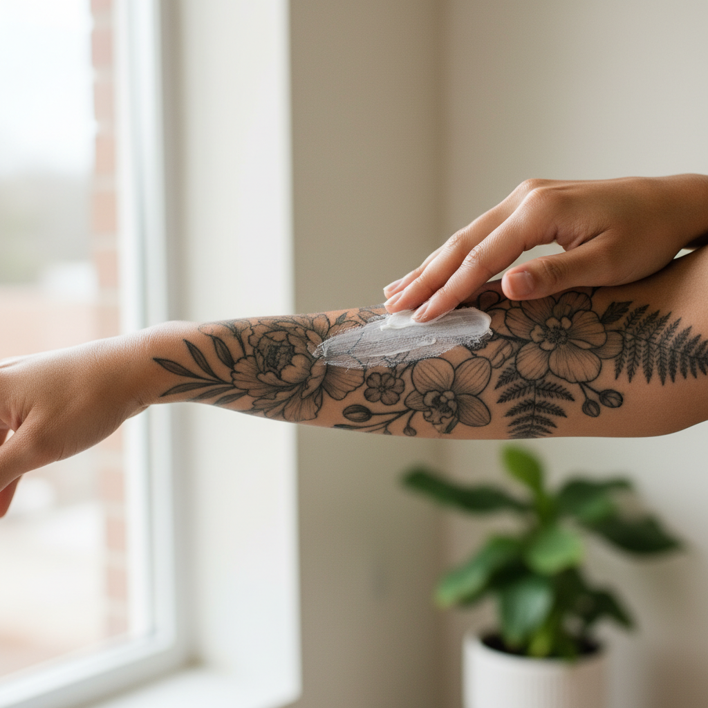 Mineral SPF 50 sunscreen being applied to a healed black-and-grey botanical forearm tattoo in soft natural light