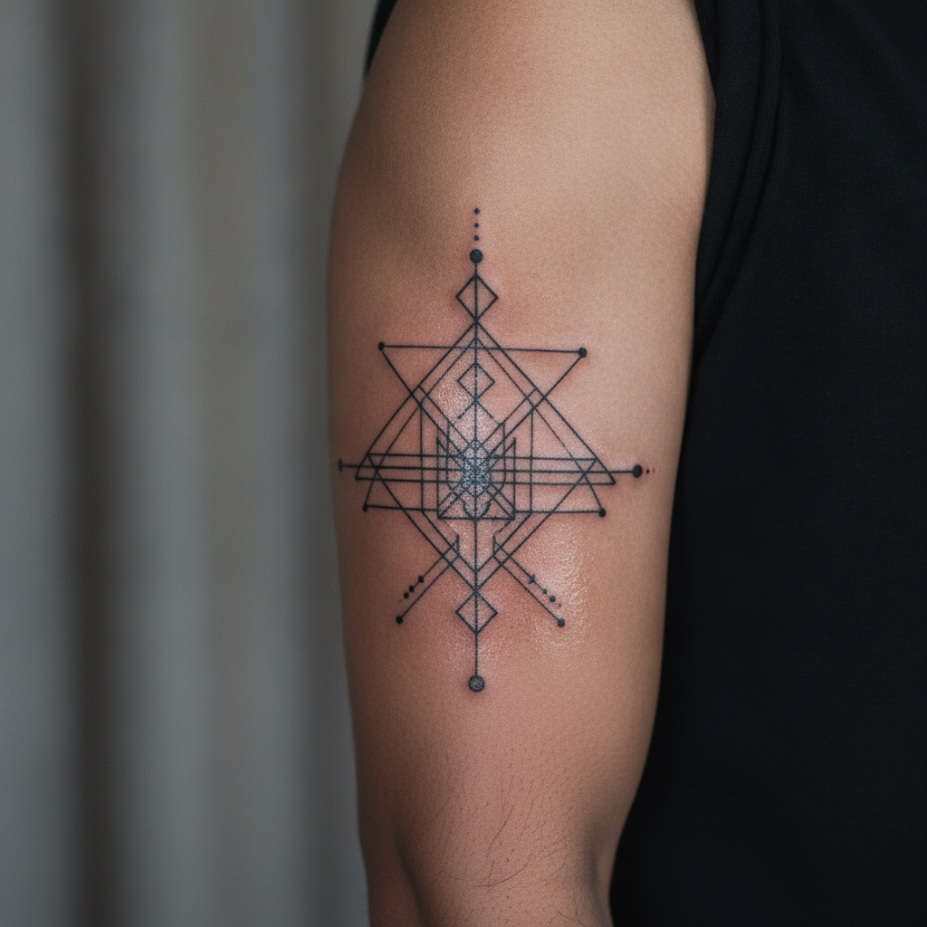 Fresh geometric tattoo on upper arm with slight swelling and healing balm after 24 hours
