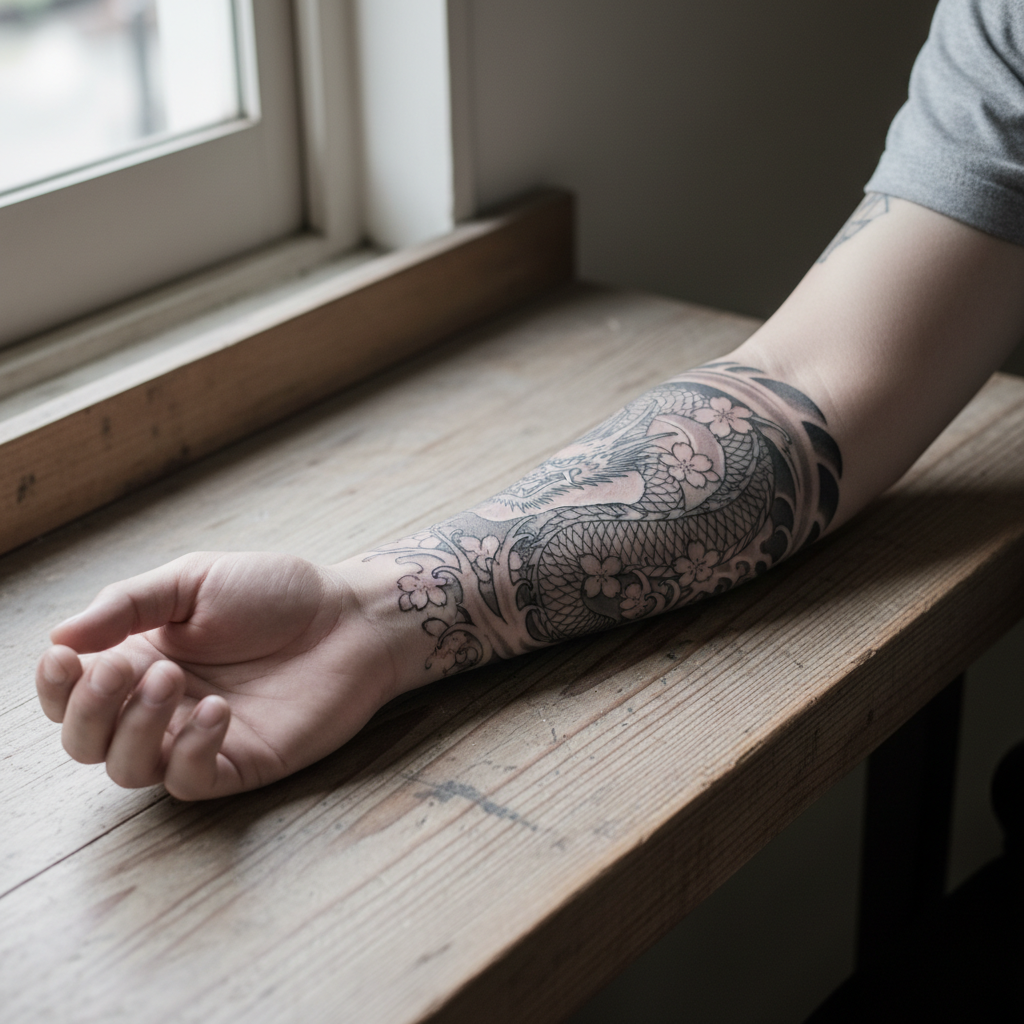 Close-up of a healed black-ink tattoo on a forearm showing subtle line softening after two years, the moment you might book a touch-up
