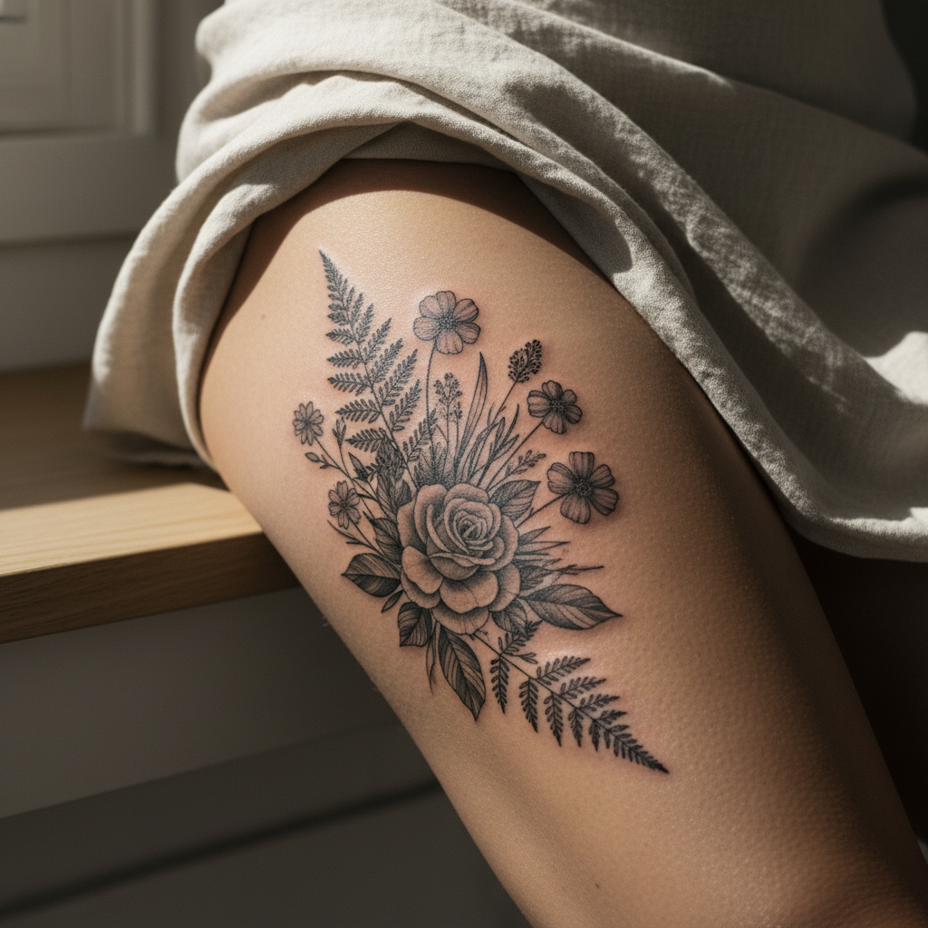 Black and grey botanical thigh tattoo healing on a mixed-race woman's outer thigh
