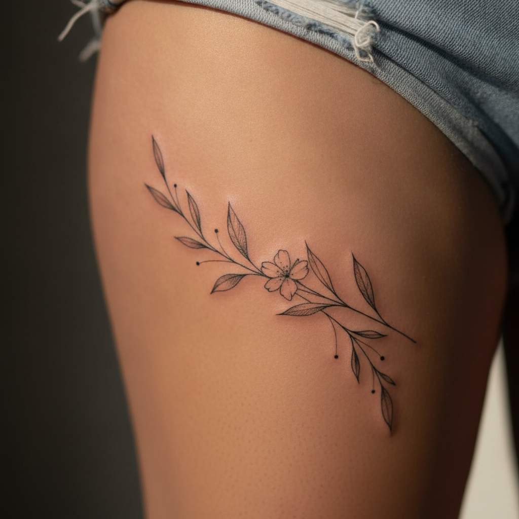 Close-up of a fine-line botanical black ink tattoo on the inner thigh