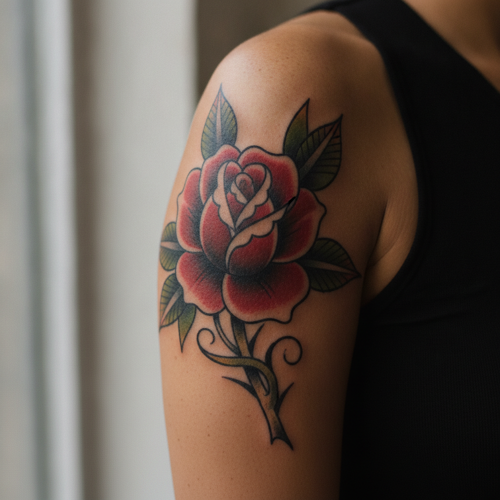 Close-up of a healed American traditional rose tattoo with bold outlines and saturated color on skin