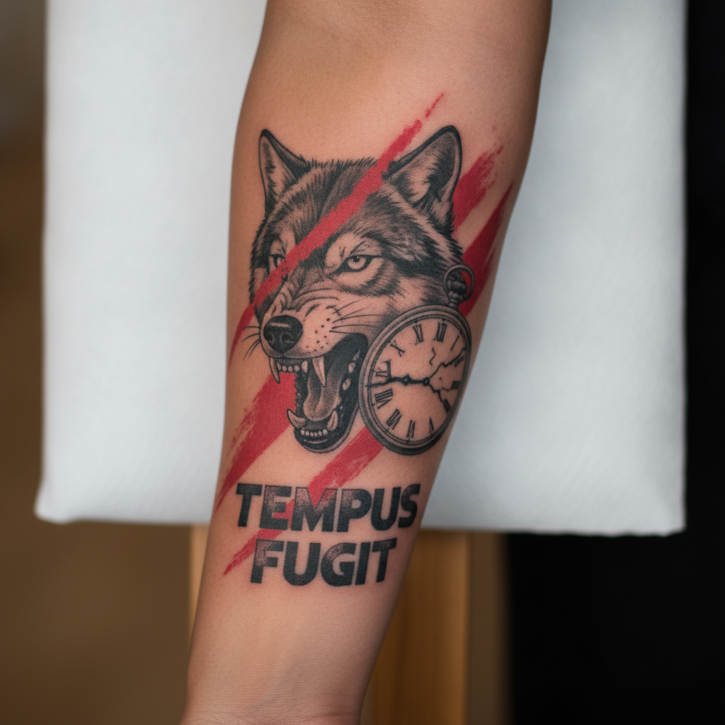 Healed trash polka forearm tattoo showing black realism, red brushstrokes, and stark typography on a mixed-race Asian-European woman's arm