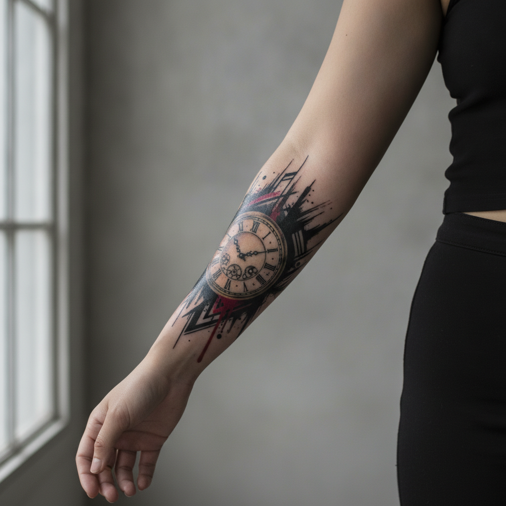Close-up of a healed trash polka forearm tattoo with a realistic clock face, black brushstrokes, and a red drip