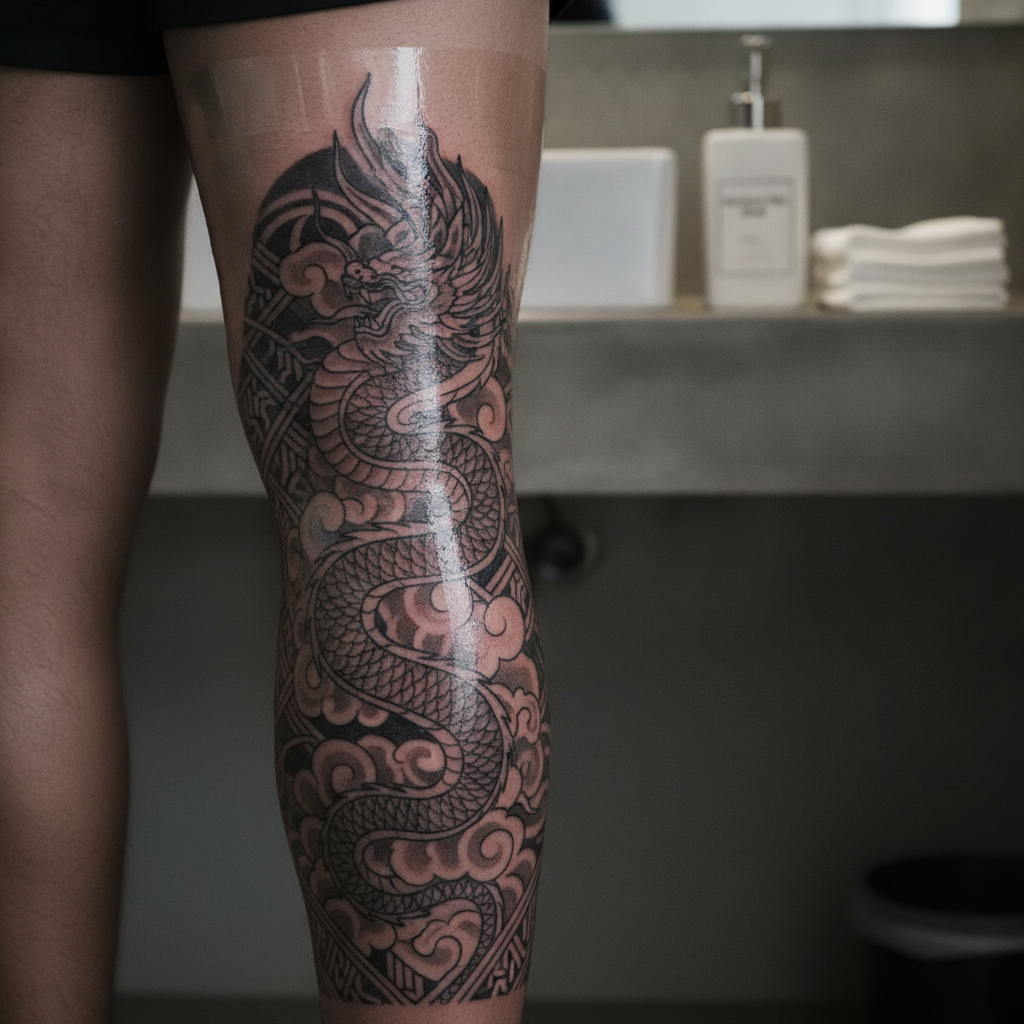 Close-up of a calf tattoo covered with second-skin adhesive bandage on a hotel bathroom counter