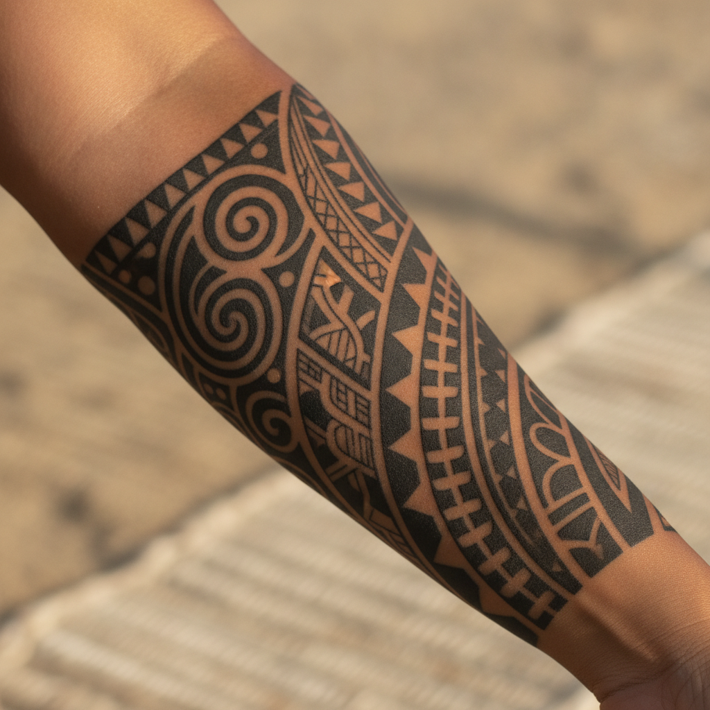 Close-up of a Polynesian tribal tattoo on a Pacific Islander woman's forearm showing geometric patterns and negative space
