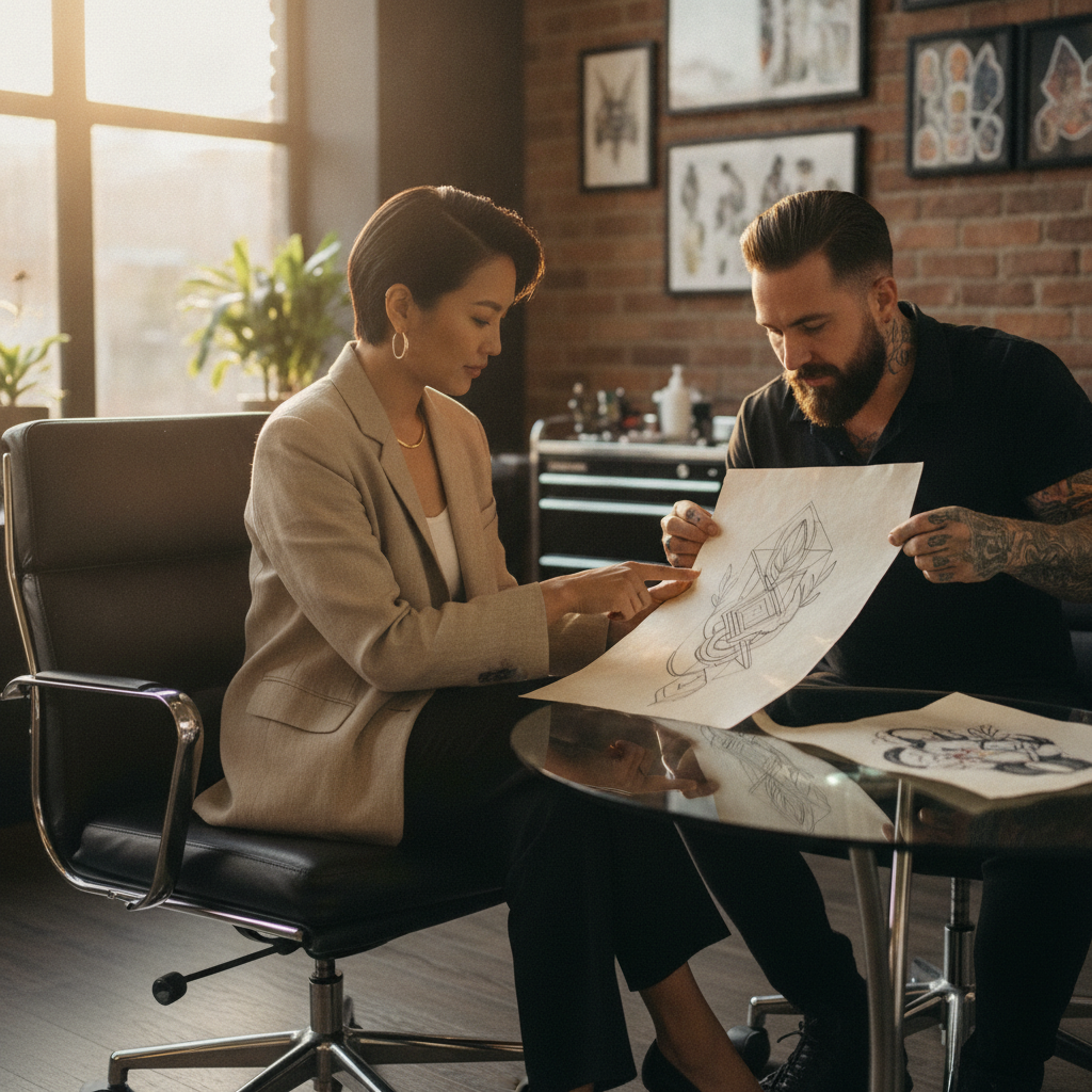 Southeast-Asian woman reviewing a mirrored underboob design sketch with a tattoo artist