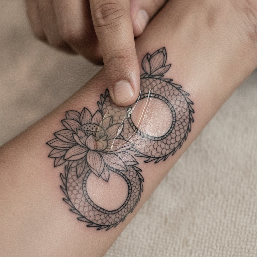 Close-up of a fingertip applying a thin layer of non-petroleum aftercare balm to a healing forearm tattoo