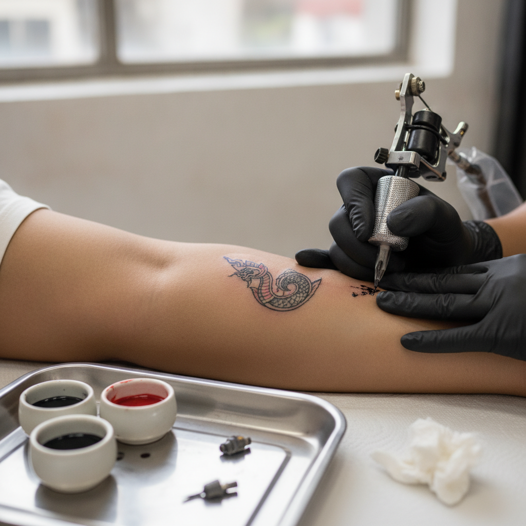 Small traditional flash tattoo being applied to a forearm during a walk-in appointment