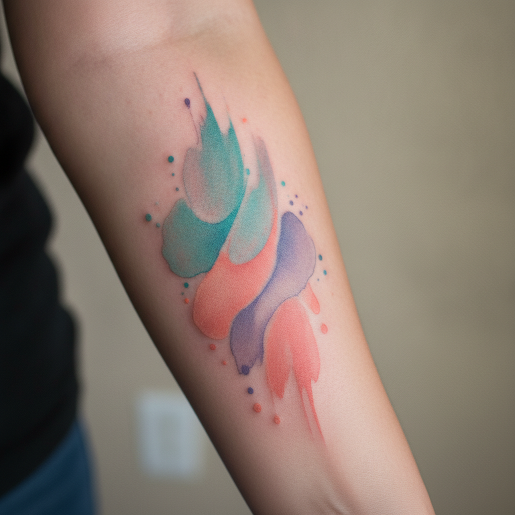 Fresh watercolor tattoo on a forearm with soft teal, coral, and violet washes blending without hard outlines