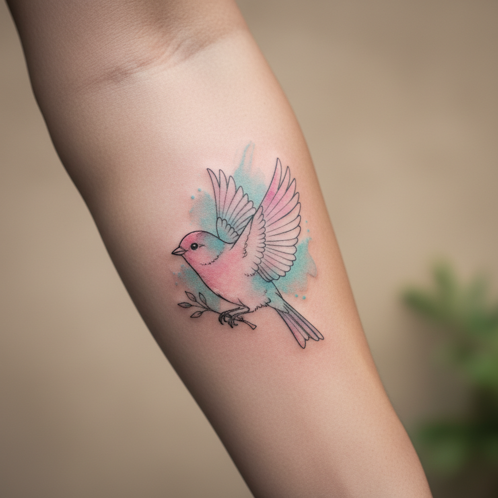 Close-up of a healed watercolor tattoo with pink and teal pigment blends and a fine black bird outline on a forearm