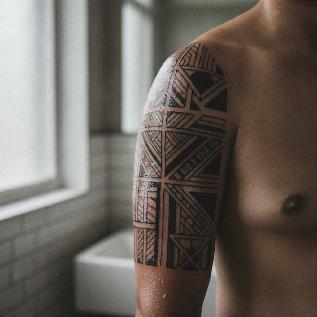 Close-up of a freshly tattooed forearm with a thin layer of ointment and light plasma sheen visible along the linework