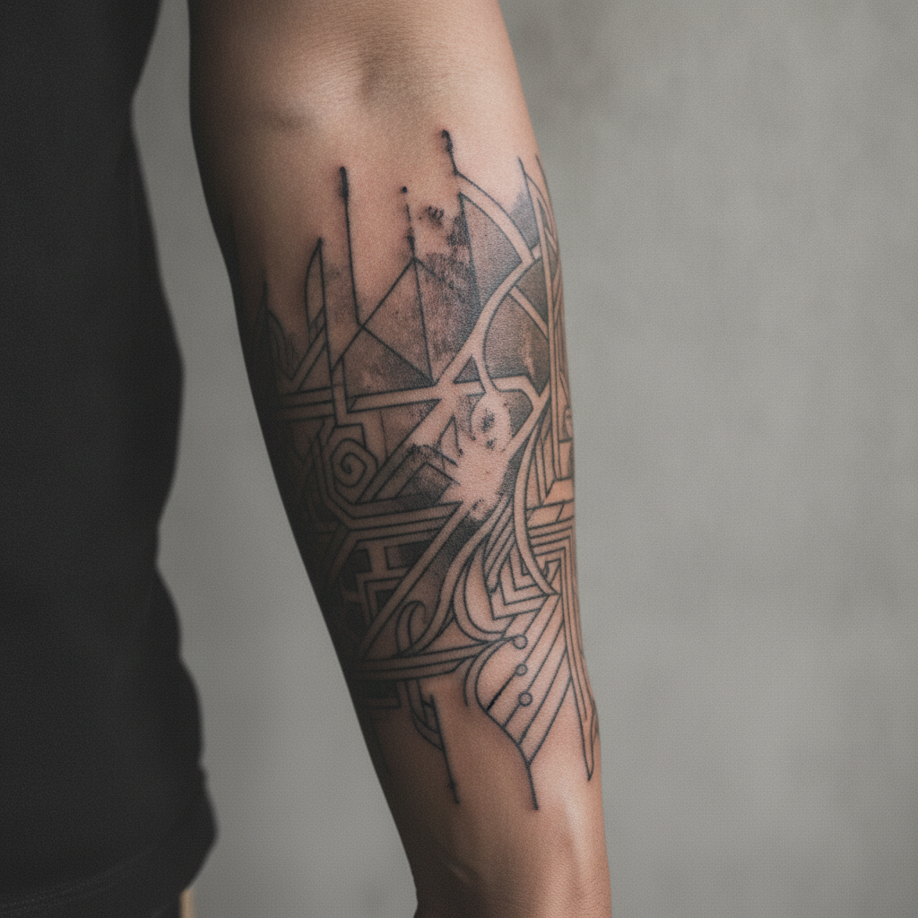 Close-up of a healed fine-line black tattoo showing normal settling on a Southeast-Asian man's forearm