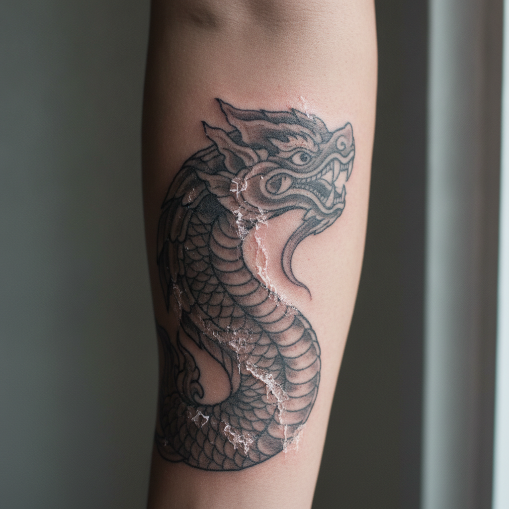 Close-up of a healing black-and-grey forearm tattoo at the mid-peel stage around day six