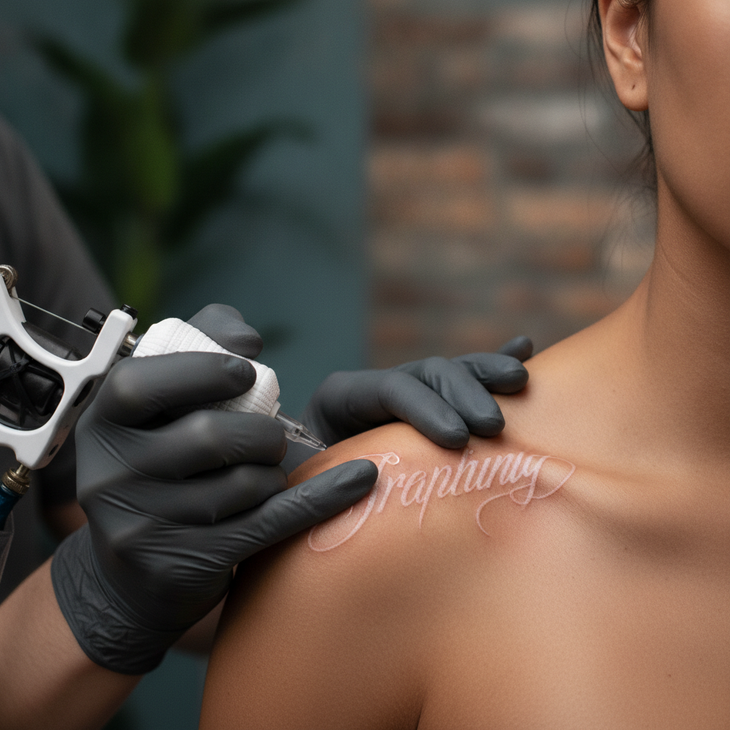 Tattoo artist packing white ink into a small script tattoo on a client's shoulder