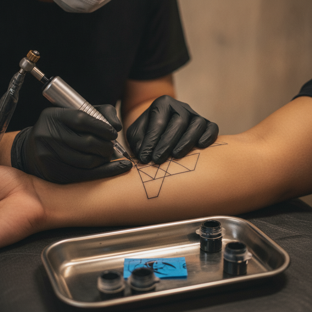 Tattoo artist's gloved hands working a rotary machine on a client's forearm with ink caps and stencil paper on a stainless tray
