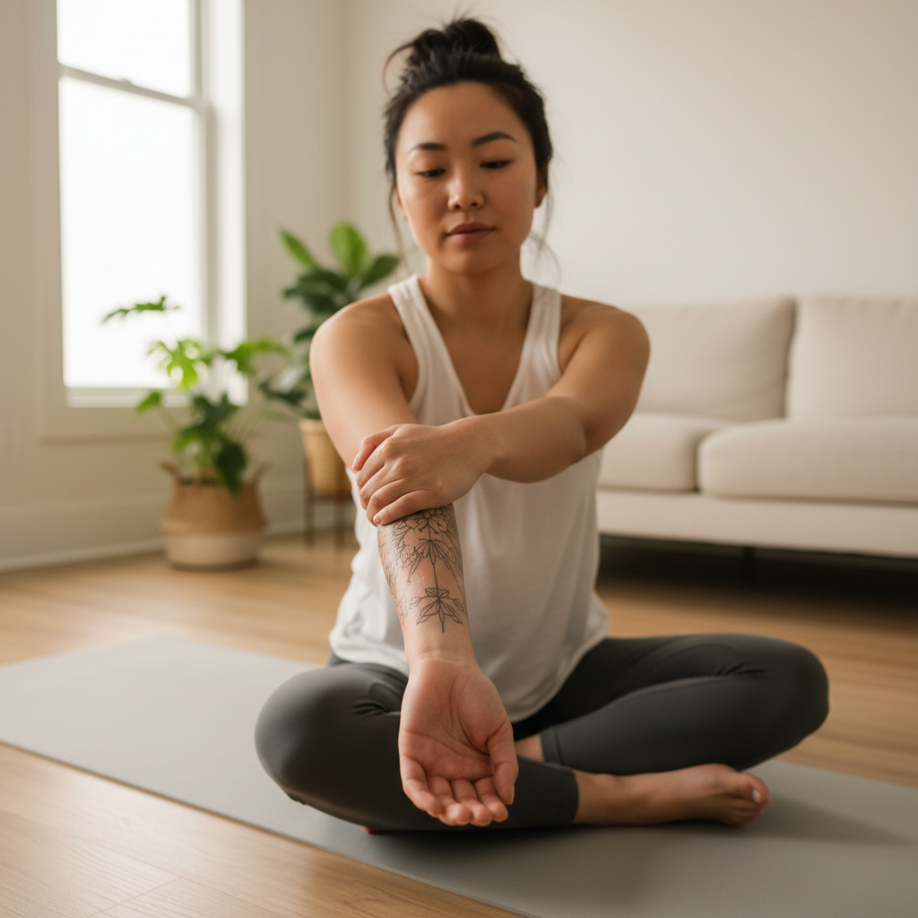 Person stretching on a yoga mat with a healing fine-line forearm tattoo visible in peeling stage