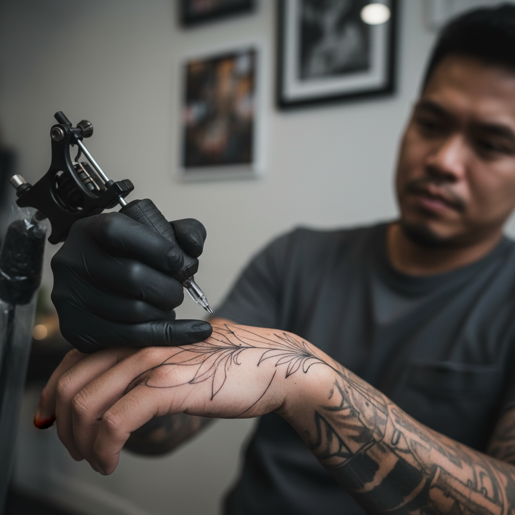 Tattoo artist working a fine-line wrist piece on a client's inner wrist mid-session