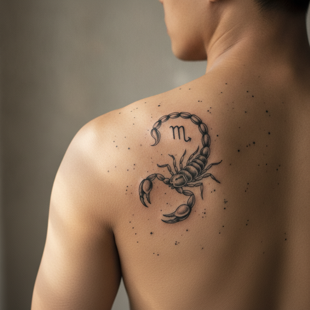 Fine-line Scorpio constellation and glyph tattoo on a shoulder blade